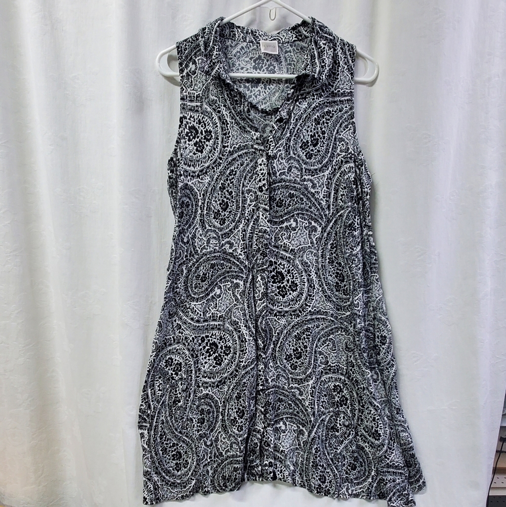 Cupio Black/White Paisley Summer Ready Button Front Sleeveless Dress Small